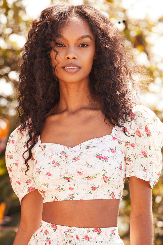 White Floral Crop Top - Puff Sleeve Top ...